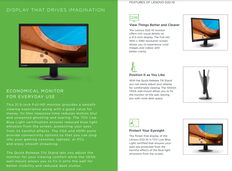 Features of the Lenovo D22-10 21.5-inch LED Backlit LCD Monitor